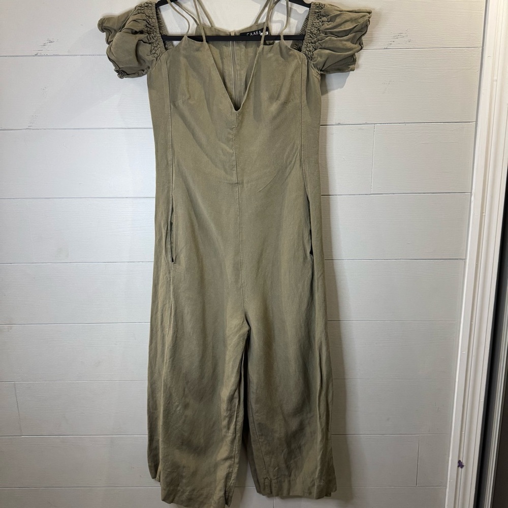 Caara | Linen Blend Olive Green Off-Shoulder Jumpsuit Size XS